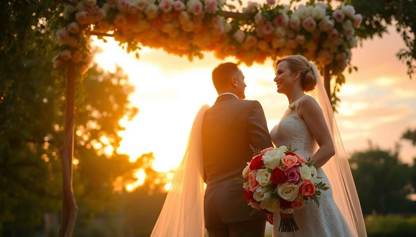 Exciting wedding photographer documenting a sunset ceremony filled with vibrant emotions.