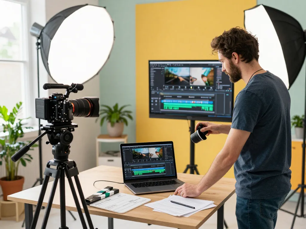 Video to prompt generator scene in a vibrant video production studio with a professional adjusting a camera and reviewing footage.