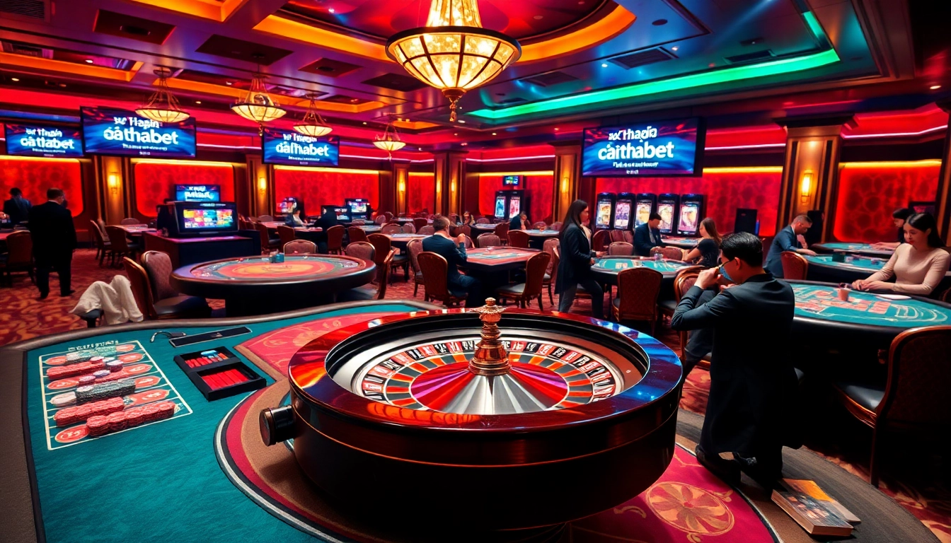 Engaging gambling scene featuring players at nhà cái thabet poker tables and roulette wheels.