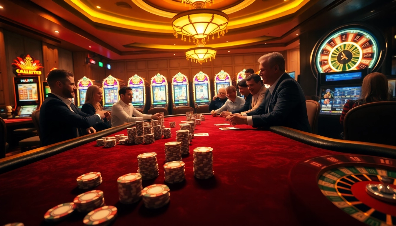 Vivez l'excitation du poker à enjeux élevés dans une atmosphère vibrante de casino en ligne avec des tables somptueuses et des jetons.