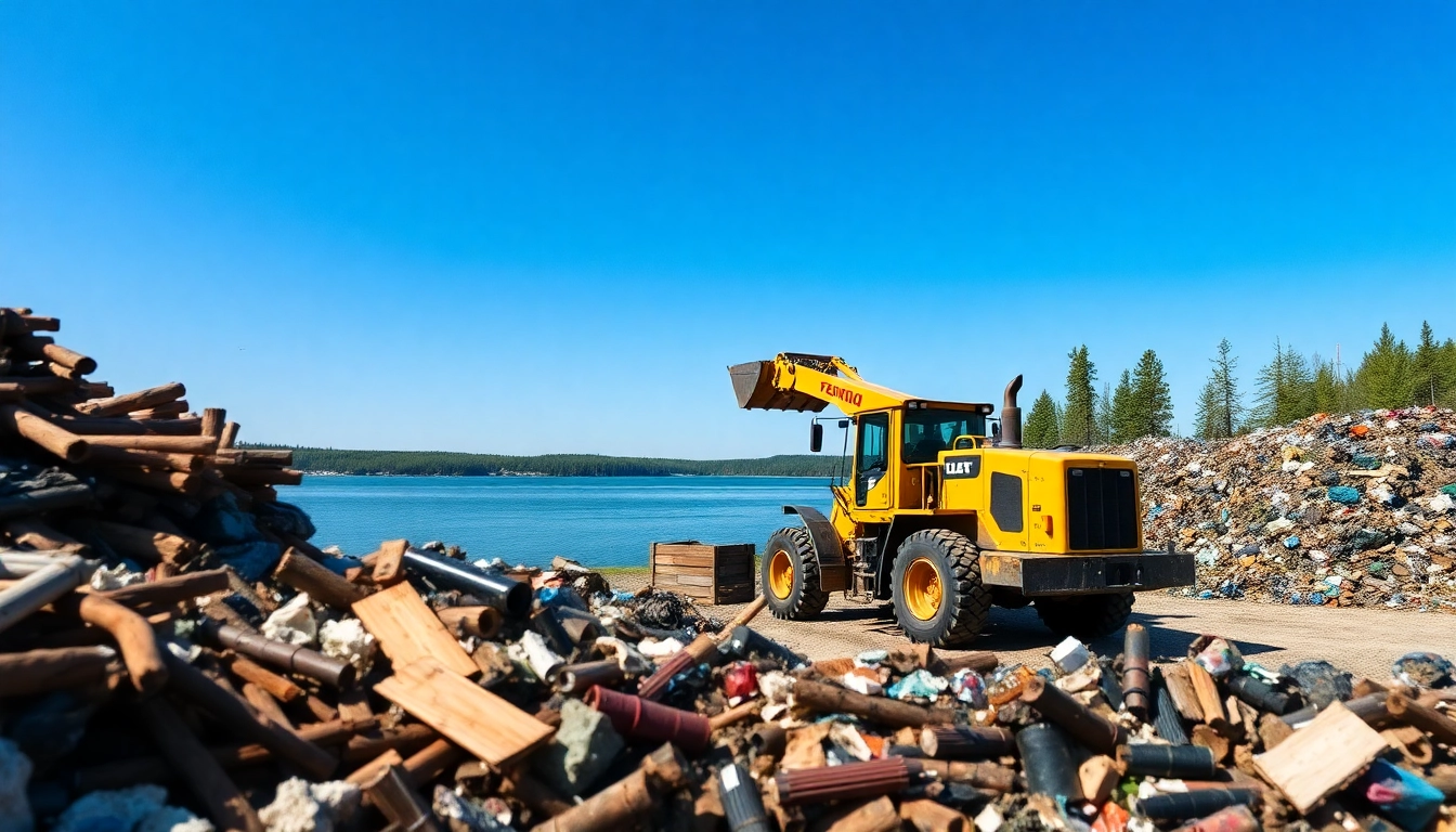 Workers handling waste at the cold lake dump with a vibrant natural backdrop.