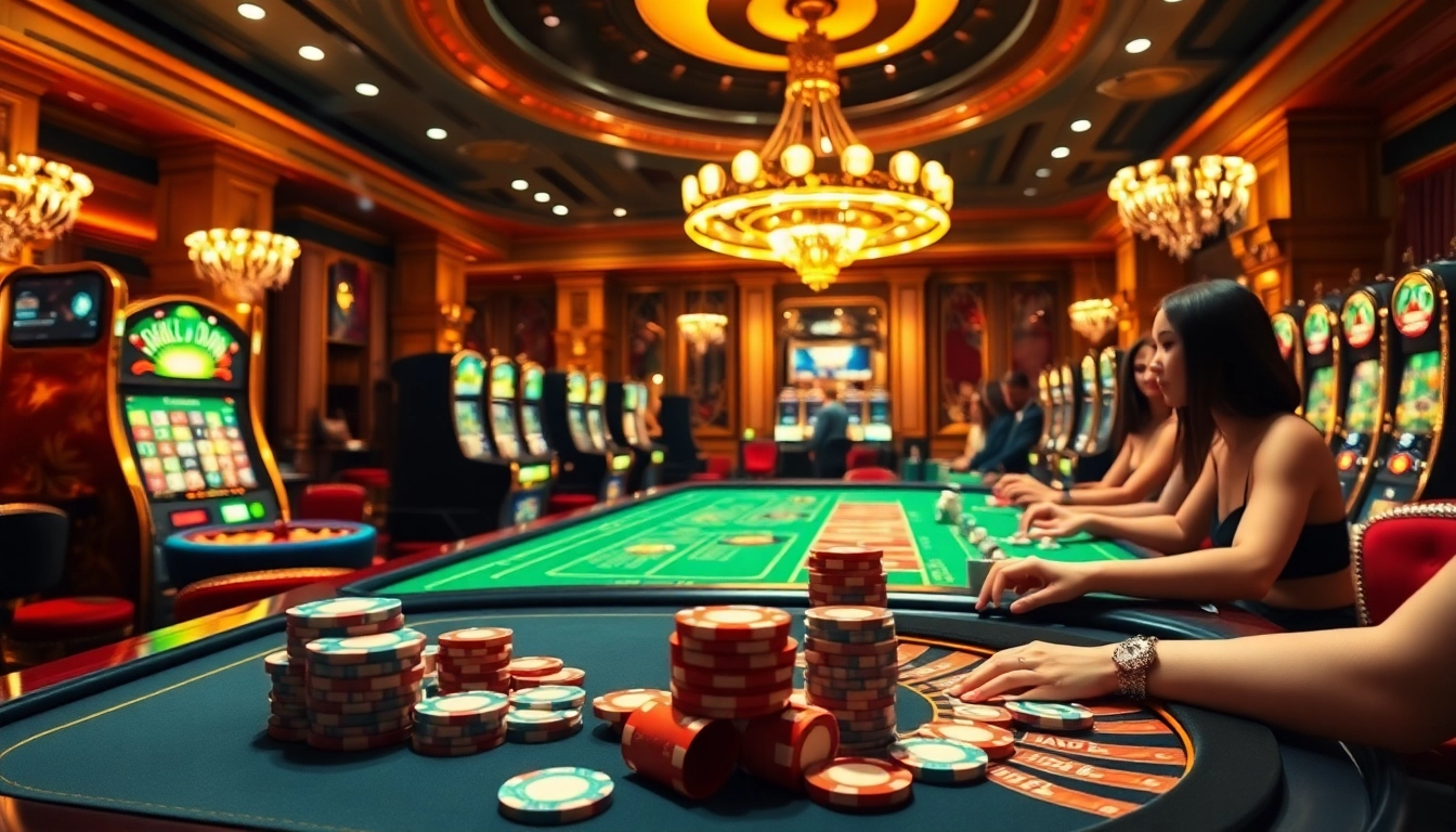 Joueurs engagés profitant du casino en ligne avec des machines à sous de luxe et du poker dans un cadre vibrant.