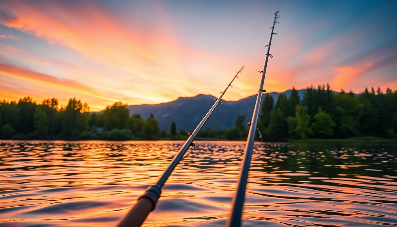 Showcase the best fly fishing rods elegantly positioned against a stunning lakeside sunset.