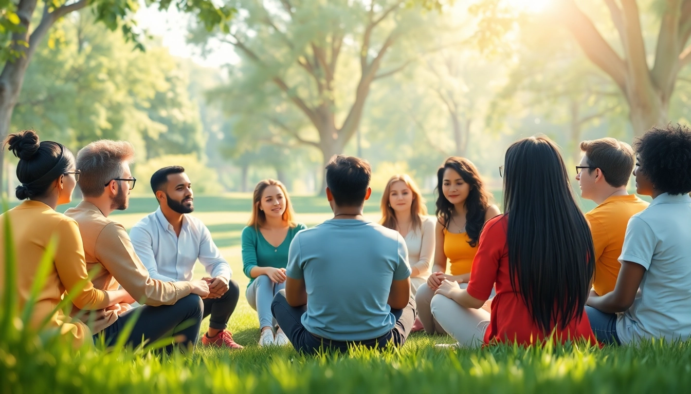Promote mental health awareness through supportive community discussions in a serene park setting.