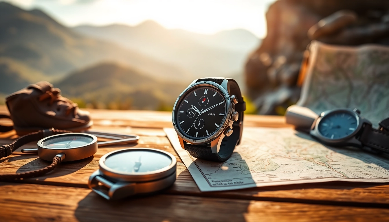 Showcasing Explorer GPS Smart Watch against hiking gear and a map in a natural setting.