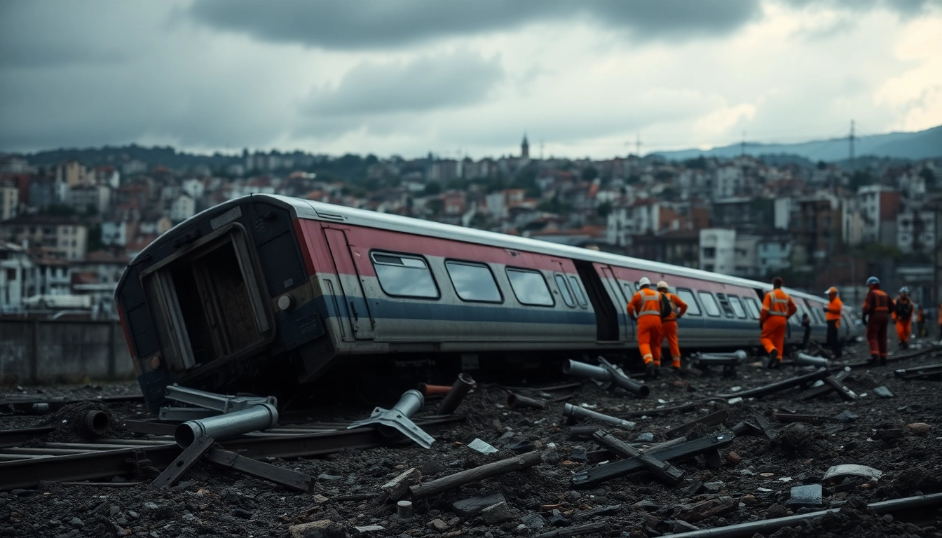 Emergency responders attending the spain train crash scene with a derailed train.