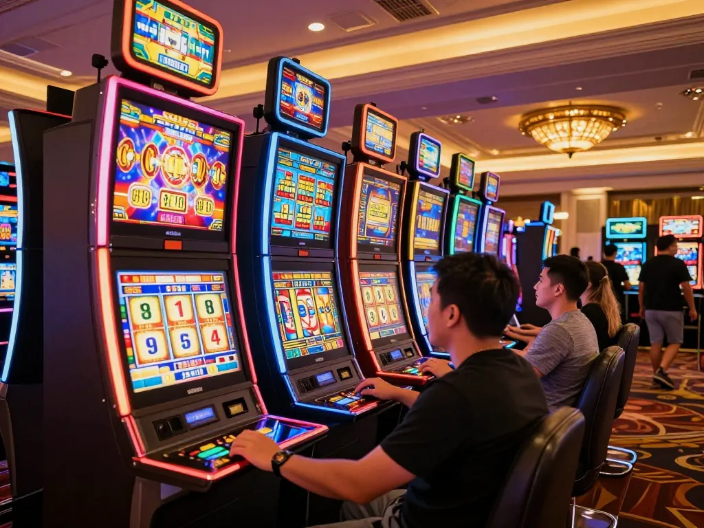 Players enjoying exciting slots on colorful machines in a lively casino atmosphere.