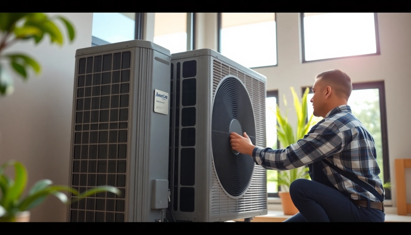 Technician installing american standard heat pumps in a modern home.