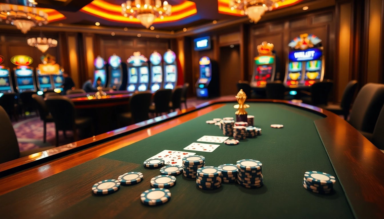Experience the excitement of gambling at https://xx88.directory with a luxurious casino scene featuring poker tables and chips.