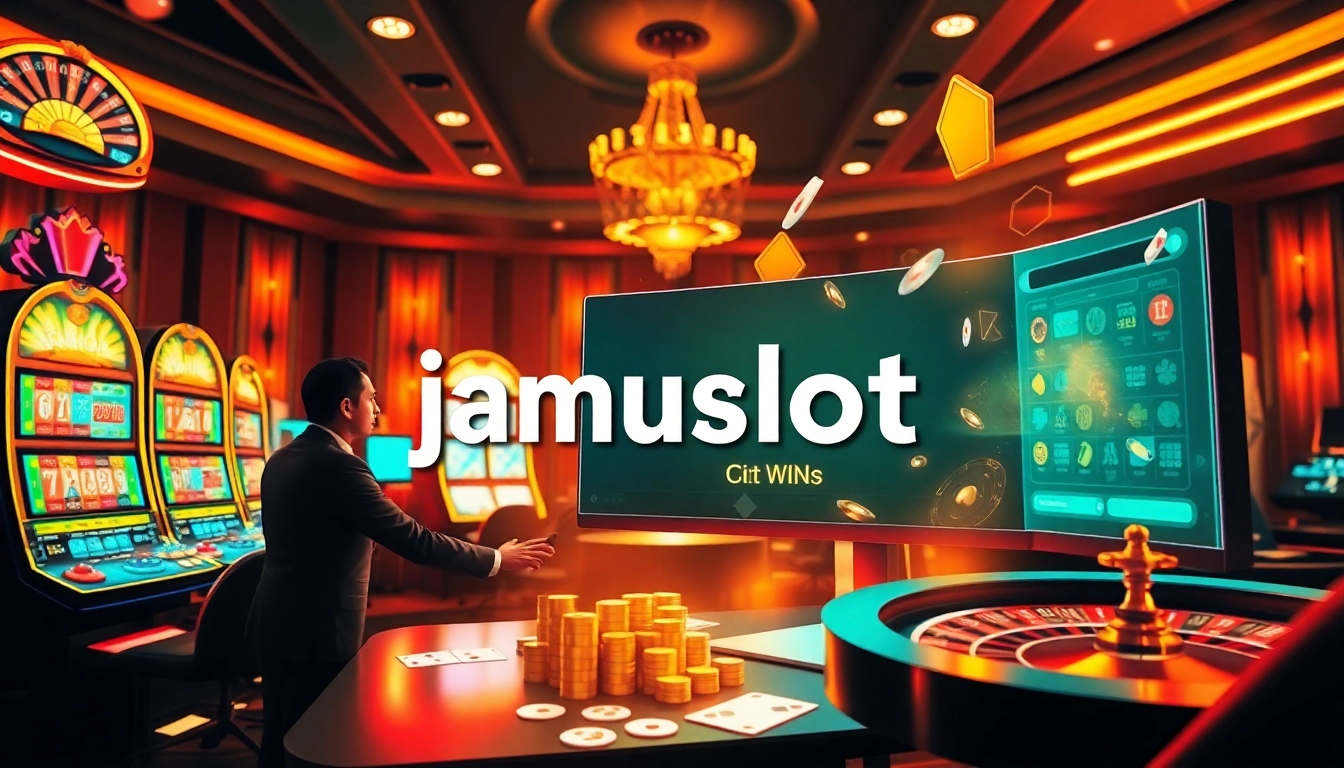 A thrilling online gambling scene showcasing 'jamuslot' with slot machines and roulette wheels, highlighting big wins.