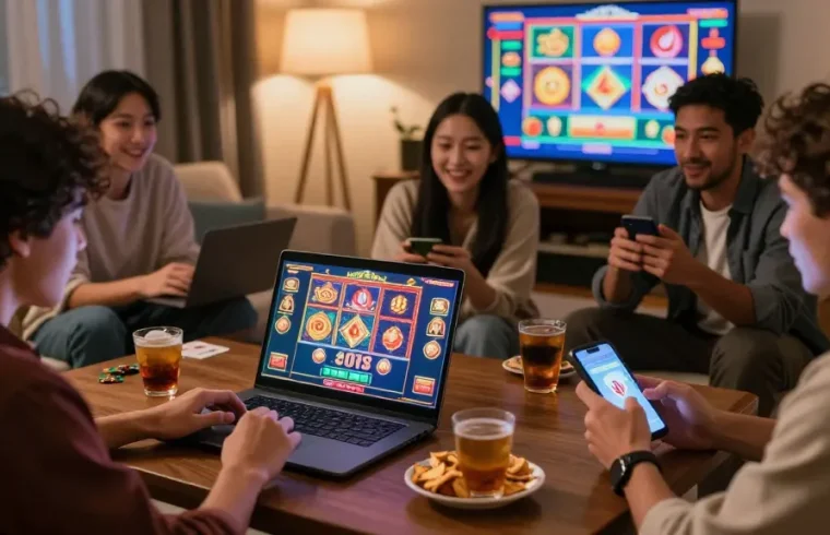 Online casinos that accept credit cards bring excitement as friends play together in a cozy living room.