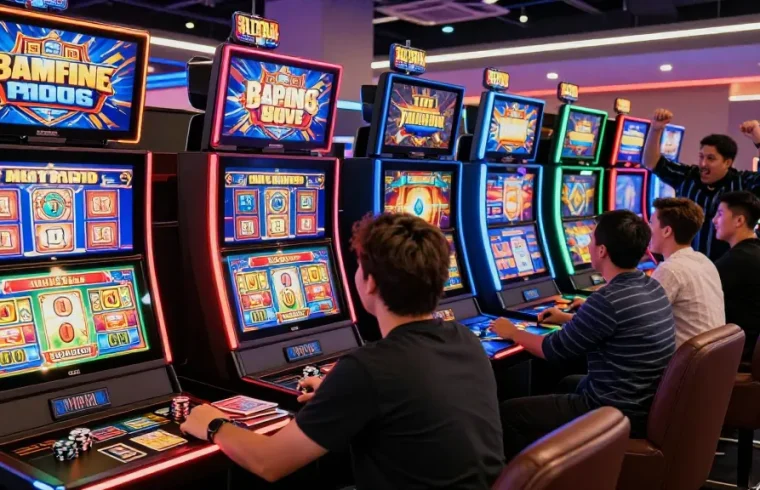 Engaging slot online gaming scene with players at colorful machines and vibrant atmosphere