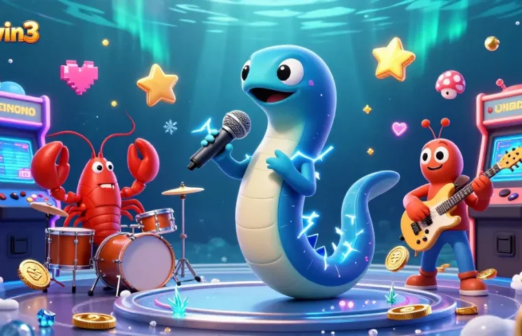 Experience thrilling gameplay with sunwin3 as an electric eel DJ rocks an underwater casino stage filled with vibrant game elements.