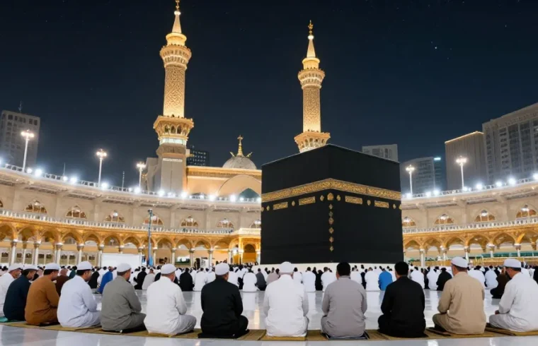 Umroh Itikaf experience in Masjid al-Haram, pilgrims engaging in prayers within a sacred travel environment, showcasing cultural tourism.