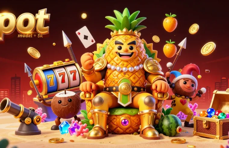 Engage with slot modal 5k gameplay while the golden pineapple king presides over a vibrant scene of animated slot action.