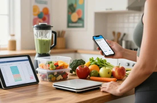 Using the best macro tracking app in a bright kitchen filled with fresh ingredients and motivating elements.