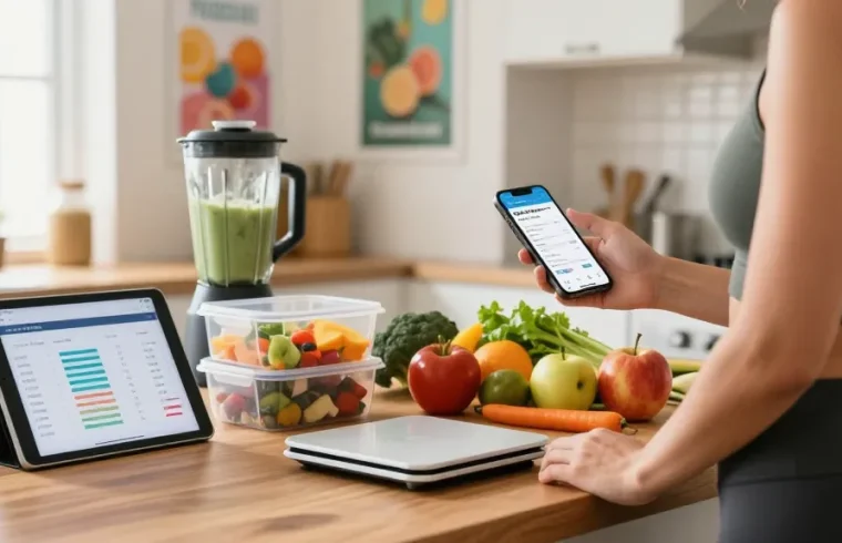 Using the best macro tracking app in a bright kitchen filled with fresh ingredients and motivating elements.