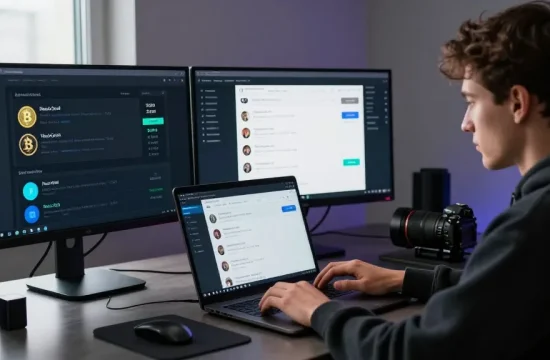User accessing BlackOps Market Link with a laptop in a tech-savvy workspace showcasing cybersecurity tools.
