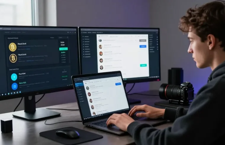 User accessing BlackOps Market Link with a laptop in a tech-savvy workspace showcasing cybersecurity tools.